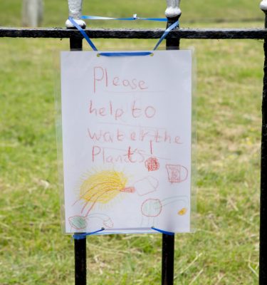 A4 poster drawn by a child saying Please help to water the plants.