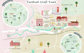 Illustrated pastel coloured map of Farnham town centre