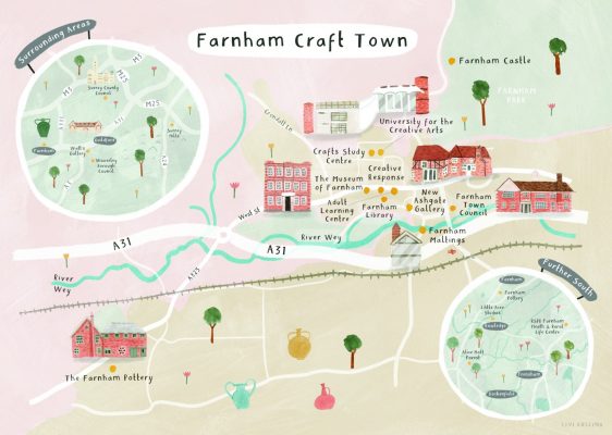 Illustrated pastel coloured map of Farnham town centre