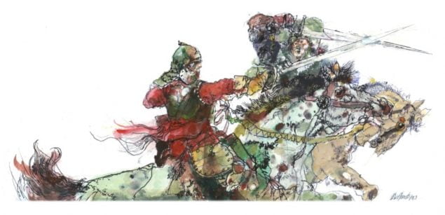 Watercolour of man on horse with a sword