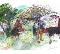 Watercolour of men looking at a plan