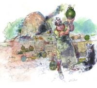 Watercolour of a Roman potter