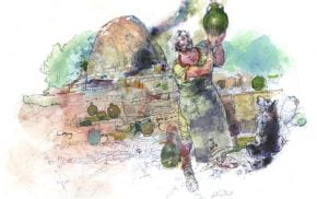 Watercolour of a Roman potter