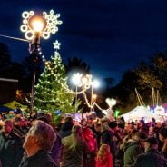 Christmas lights and people in park at dark