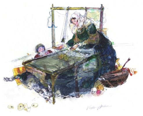 Watercolour of female weaving