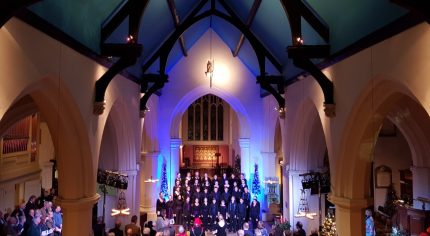 Interior of church, congregation and choir