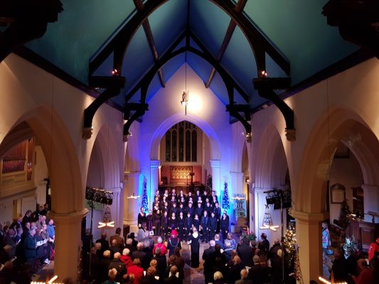 Interior of church, congregation and choir