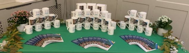 Display of mugs and brochures on a green table covering