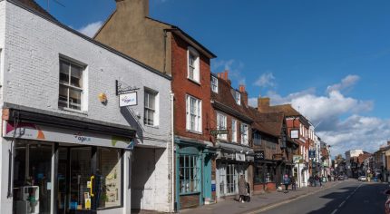 Row of shops in town centre.