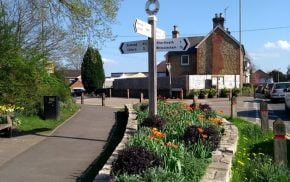 Street scene with wooden directional sign and flowers