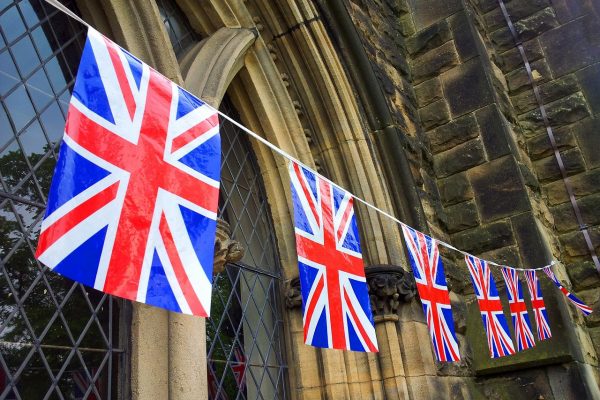 Union flag bunting hanging from building