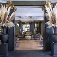 View through a doorway at a seating area. Door flanked by large vases of grass.