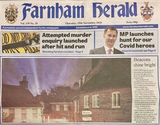 Front page of Farnham Herald newspaper