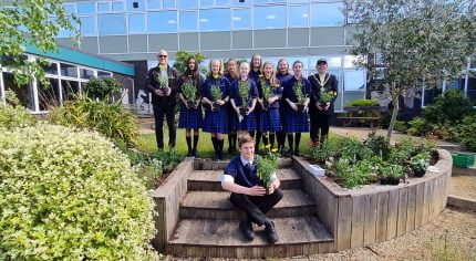 Group of students holding plant and standing on a raised grass area.