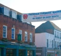 Downing Street and a cross street banner advertising Farnham Farmers' Markets