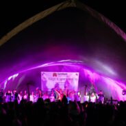 Crowd of people looking at stage lit up with purple lights