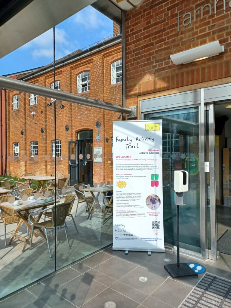 Pull up banner in glass foyer