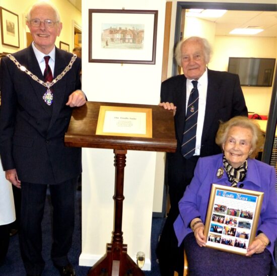 Brigadier Paddy Blagden and Sir Ray and Lady Tindle at the opening of the Tindle Suite at the Farnham Town Council offices in 2014