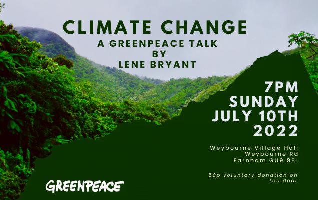 Greenpeace talk poster featuring densely forested hills