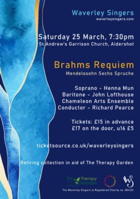 Brahms Requiem event poster featuring a blue marbled, dreamlike background