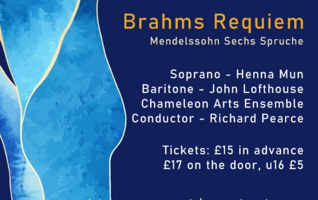 Brahms Requiem event poster featuring a blue marbled, dreamlike background