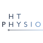 A dark blue square featuring the words HT Physio in capital letters, in lighter shades of blue