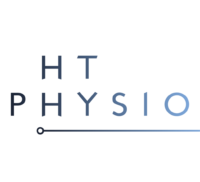 A dark blue square featuring the words HT Physio in capital letters, in lighter shades of blue