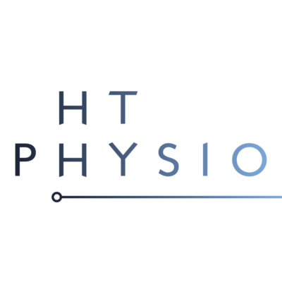 A dark blue square featuring the words HT Physio in capital letters, in lighter shades of blue