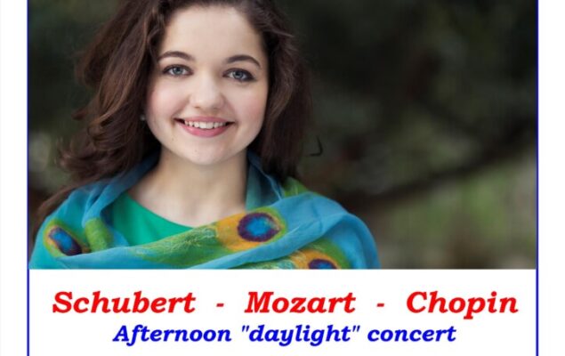 Event poster featuring a young female pianist called Re​nata Konyicska wearing a colourful peacock scarf