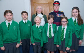 Group of schoolchildren with the Mayor and Deputy Lieutenant