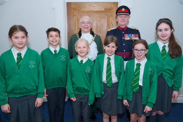 Group of schoolchildren with the Mayor and Deputy Lieutenant