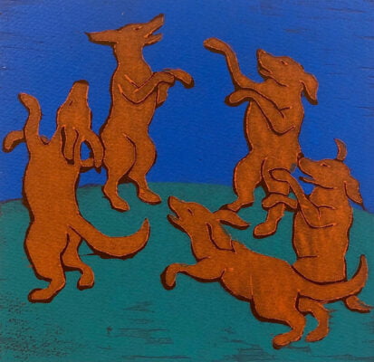 Five brown dogs dancing on their hind legs in a circle