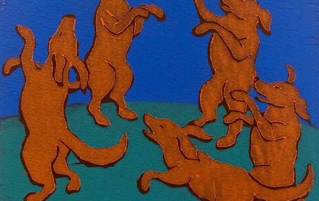Five brown dogs dancing on their hind legs in a circle