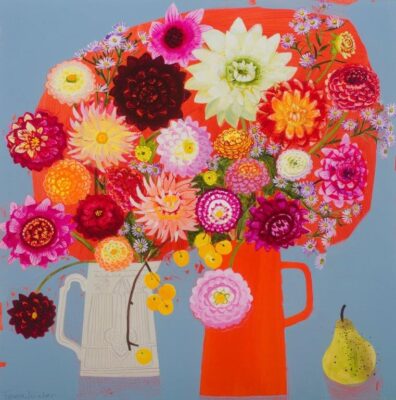 An artwork featuring two vases filled with colourful blooms of daisies and dahlias