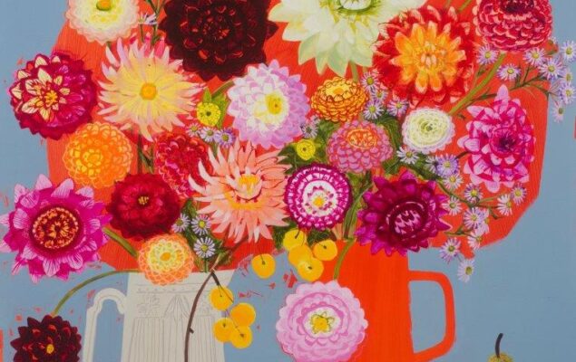 An artwork featuring two vases filled with colourful blooms of daisies and dahlias