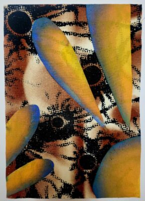A close-up of a textile art sample consisting of a floral patters