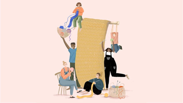 An illustration of six people knitting