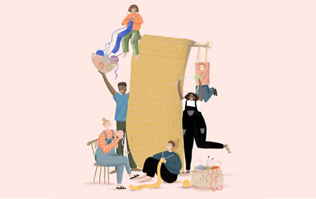 An illustration of six people knitting
