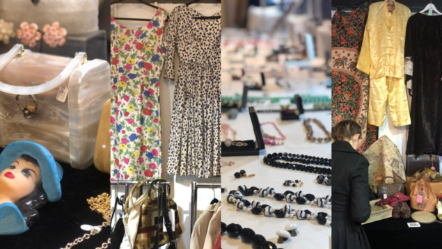 A montage of photos showing rails of vintage clothing and jewellery