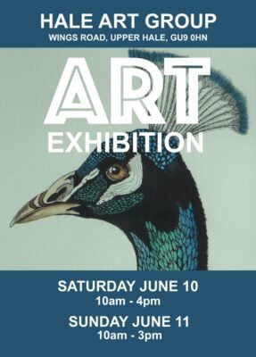Hale art exhibition poster featuring an illustration of a peacock's head