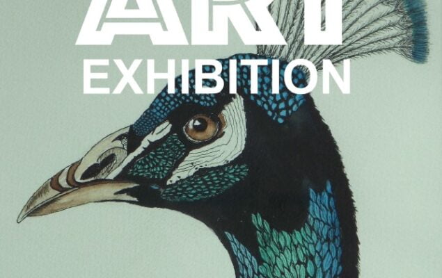 Hale art exhibition poster featuring an illustration of a peacock's head