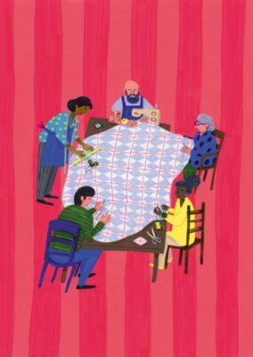 An illustration of five people sewing around a table