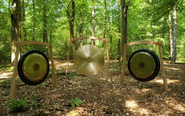A photo of three large gongs assembled in a wood