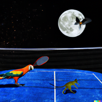 picture of a parrot playing badminton on the moon against a kangaroo