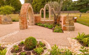 Garden set amidst chapel ruins.