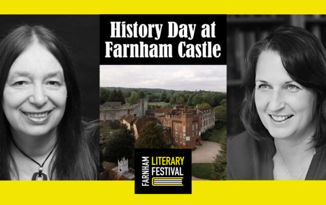 Montage of images showing two females and Farnham Castle.