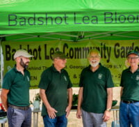 Four males wearing green t-shirts. Standing under a green gazebo.