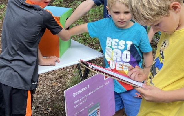 Group of boys looking at a clipboard.
