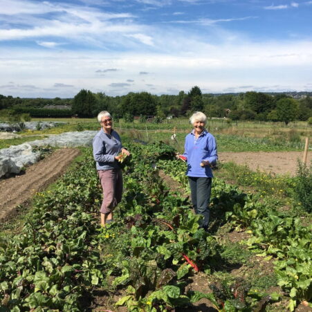 Two females in a field of vegetables