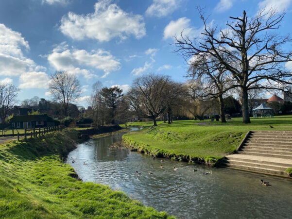 Meandering river, grass banks, blue sky and trees in background. Winter